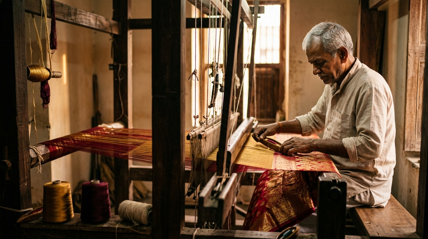 Artisan weaving rich burgundy and gold silk on a traditional loom