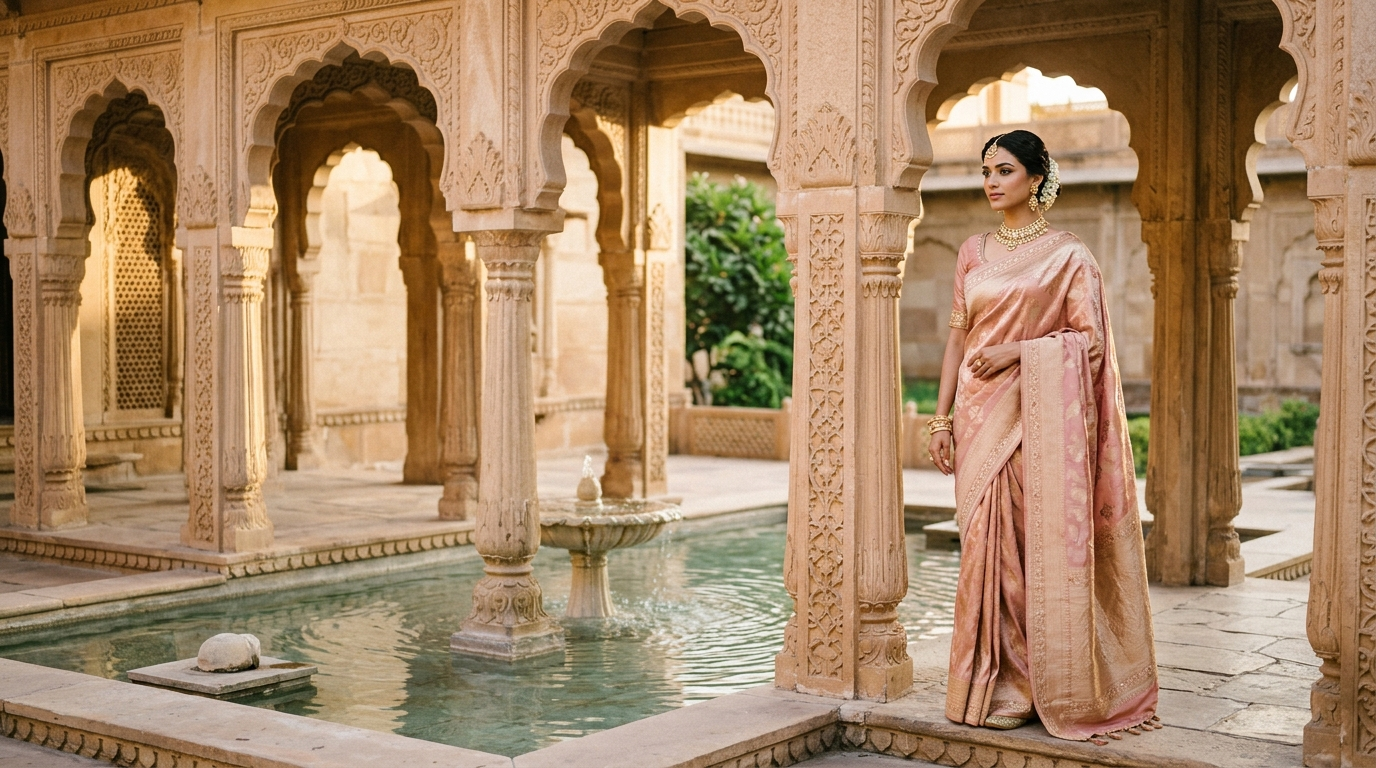Woman in an elegant burgundy silk saree standing by carved palace pillars