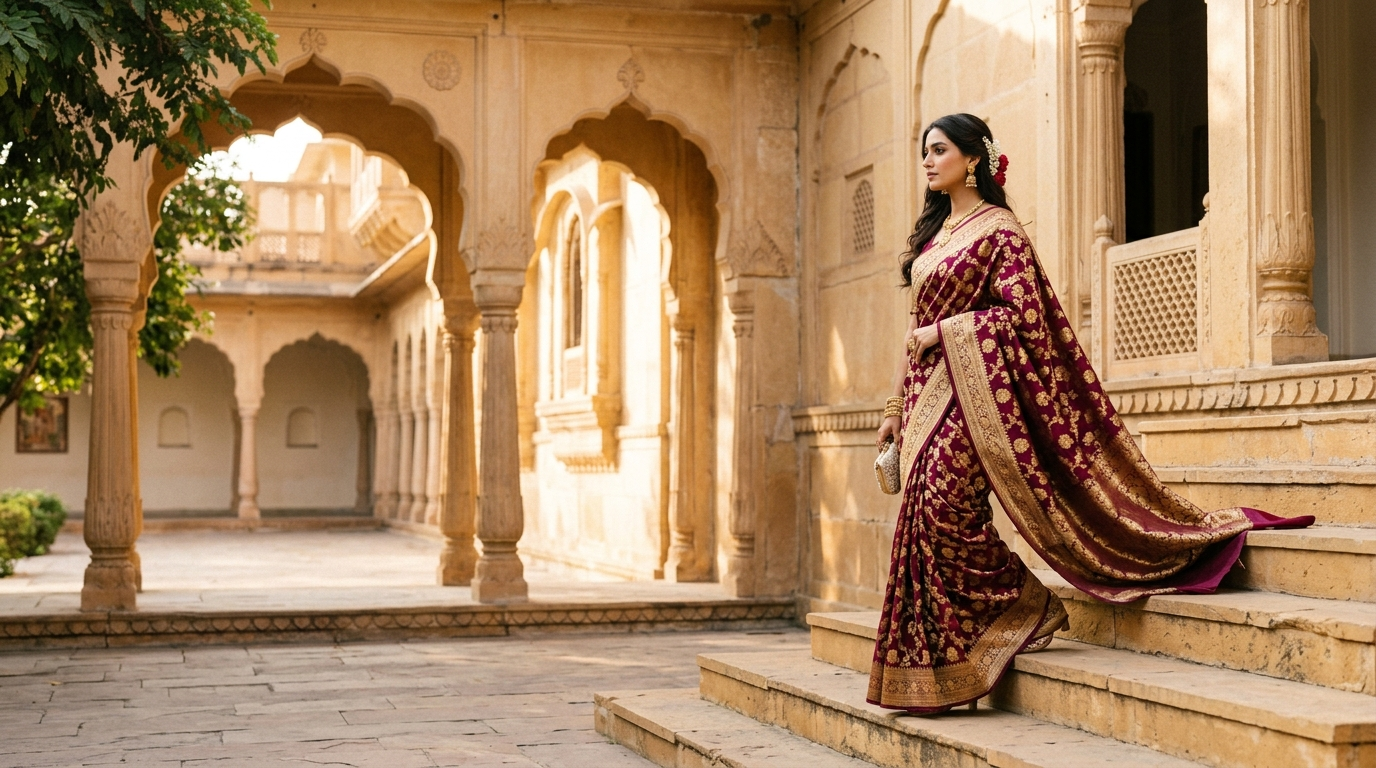 Woman wearing a burgundy and gold silk saree in a sandstone palace
