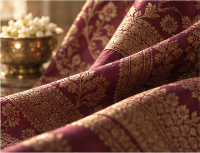 Intricate gold zari patterns woven into royal burgundy silk with brass urli bowl